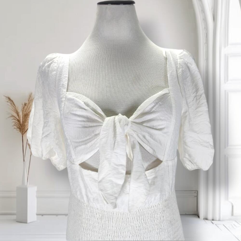 White Nap Dress Cottagecore Coquette Maxi Puff Sleeve Open Back L Skylar Rose - Picture 6 of 16